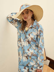 Women Blue Floral Oversize Shirt With Cargo Pocket Pants-SFSETS96381