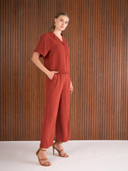 Women Rust Notch Collar Top With Straight Pants-SFSETS96382