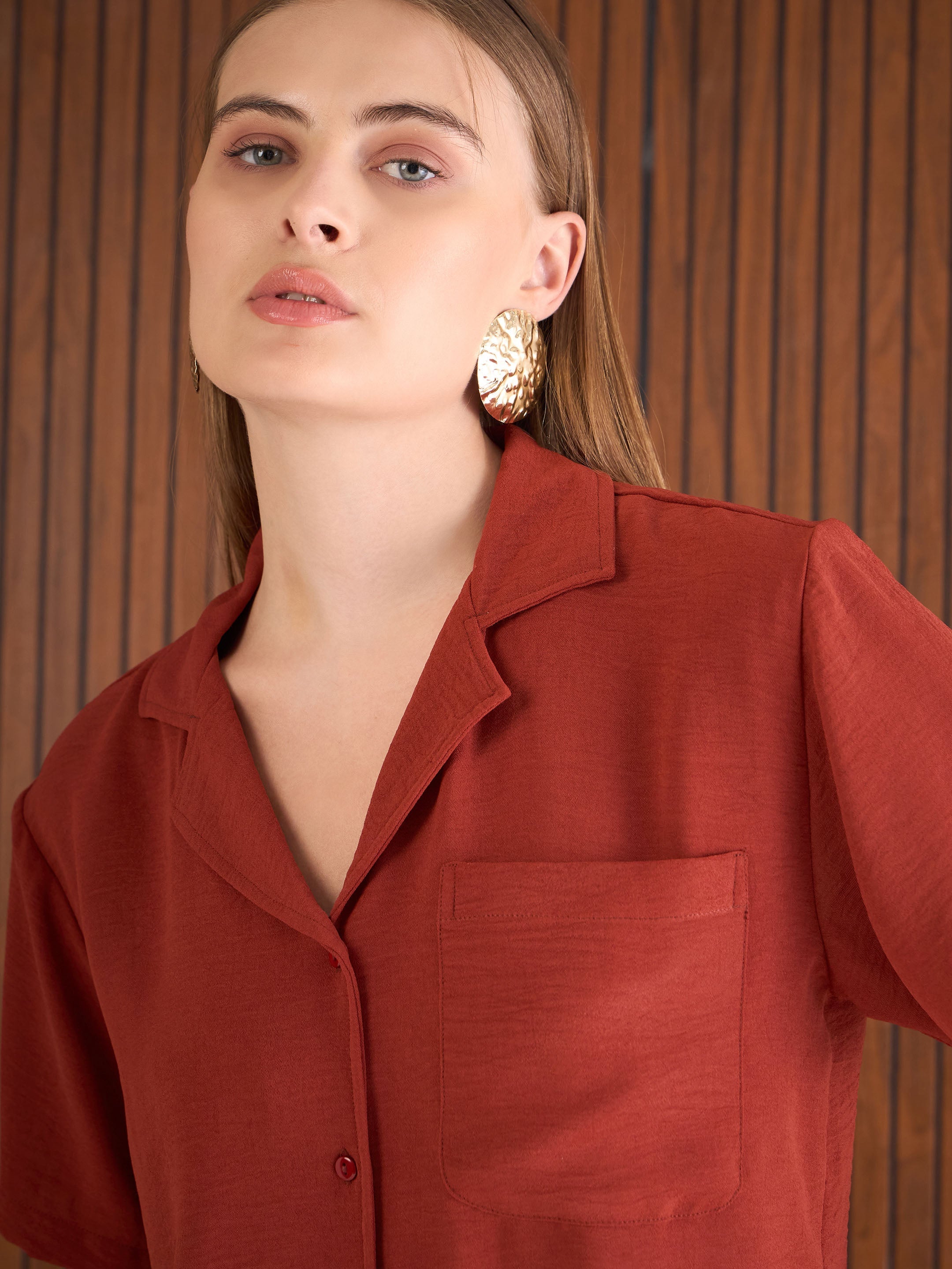 Women Rust Notch Collar Top With Straight Pants-SFSETS96382