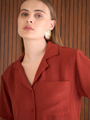 Women Rust Notch Collar Top With Straight Pants-SFSETS96382