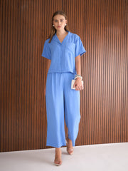 Women Blue Notch Collar Top With Straight Pants-SFSETS96383