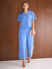 Women Blue Notch Collar Top With Straight Pants-SFSETS96383