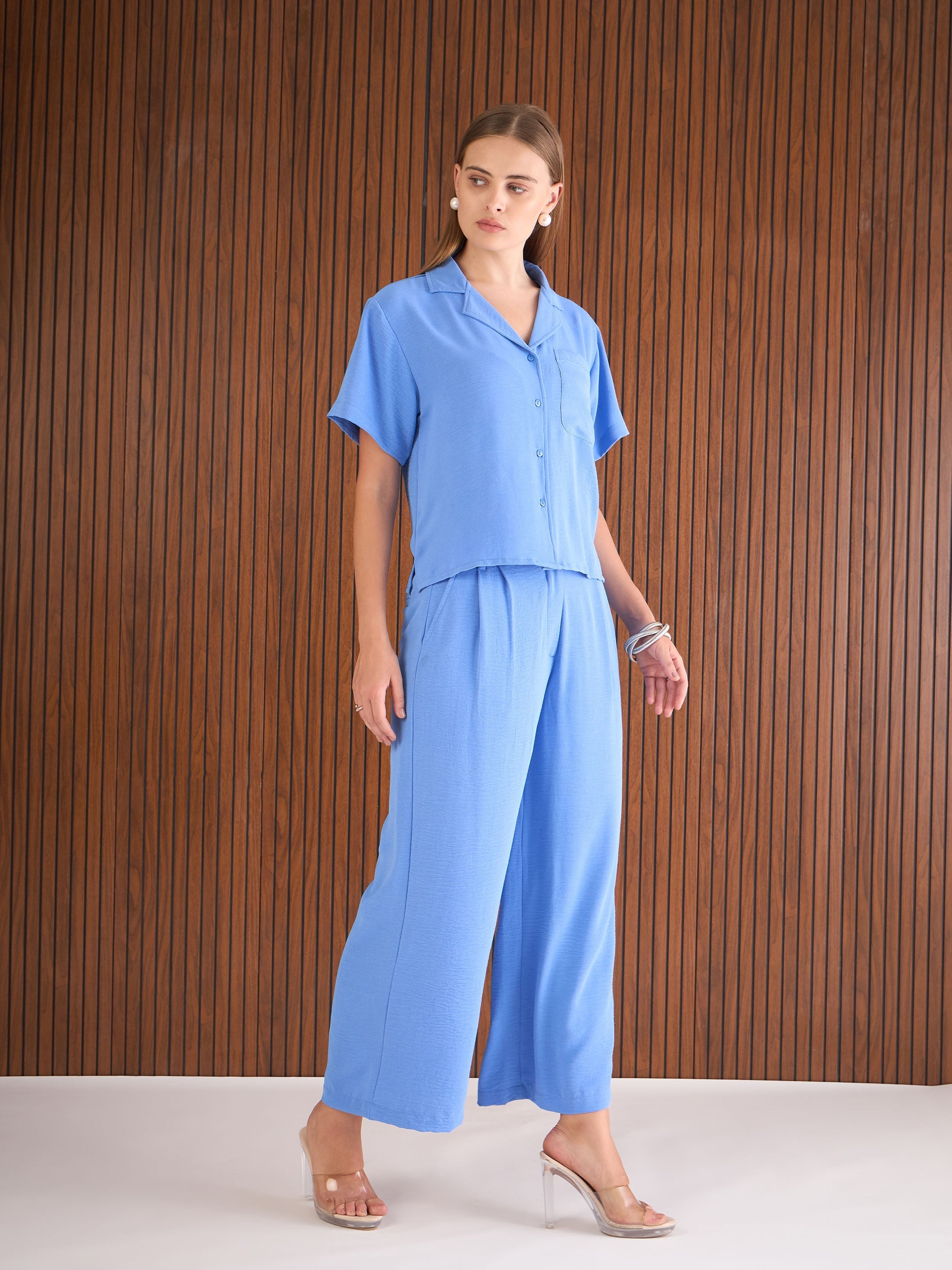 Women Blue Notch Collar Top With Straight Pants-SFSETS96383