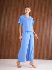 Women Blue Notch Collar Top With Straight Pants-SFSETS96383