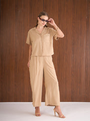 Women Beige Notch Collar Top With Straight Pants-SFSETS96384