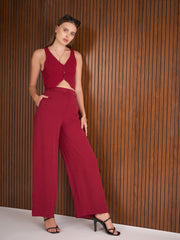 Women Maroon Waistcoat Top With Straight Pants-SFSETS96385