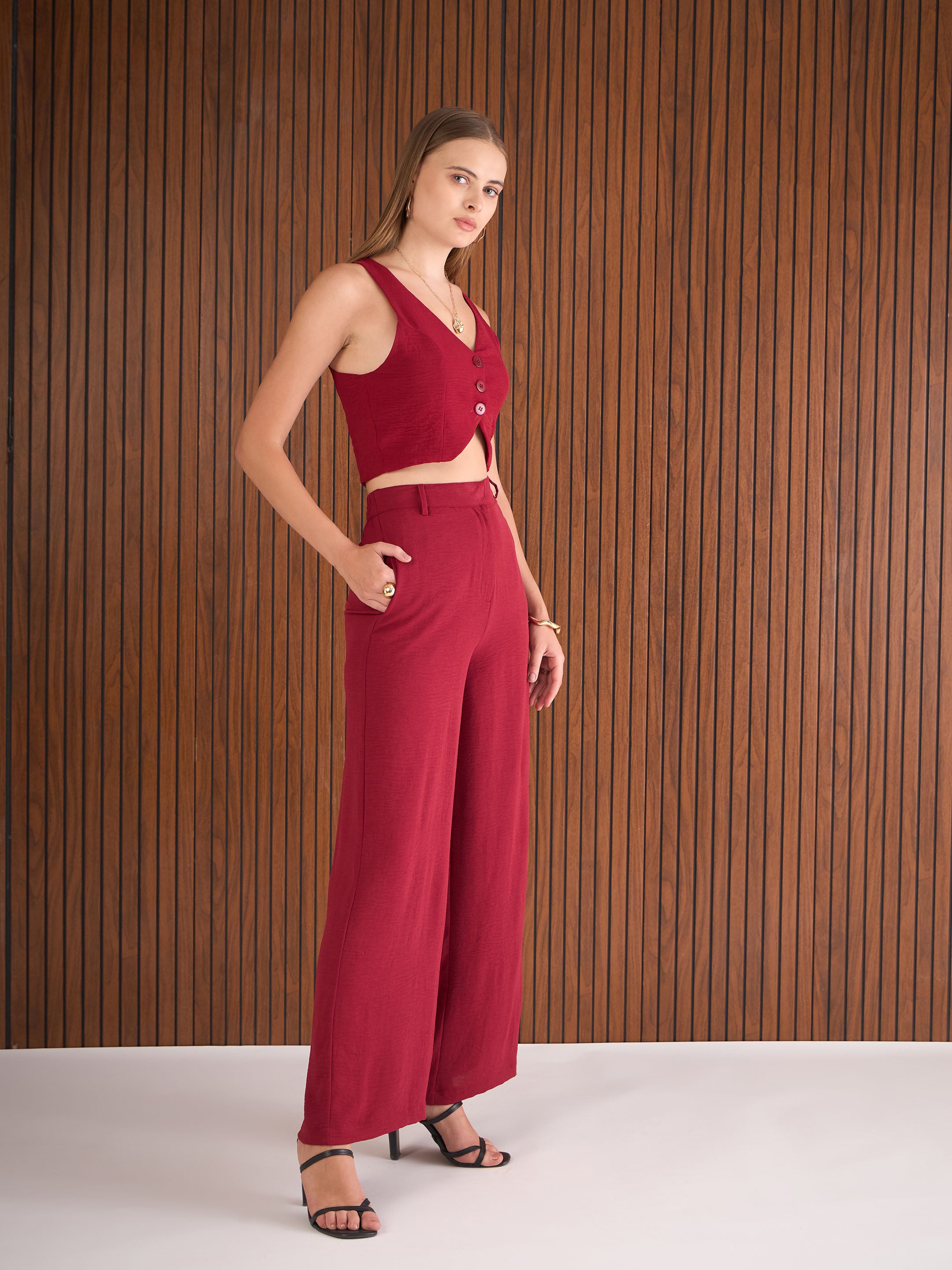 Women Maroon Waistcoat Top With Straight Pants-SFSETS96385