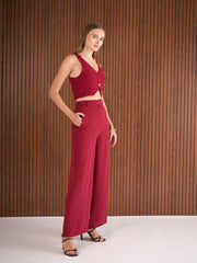 Women Maroon Waistcoat Top With Straight Pants-SFSETS96385