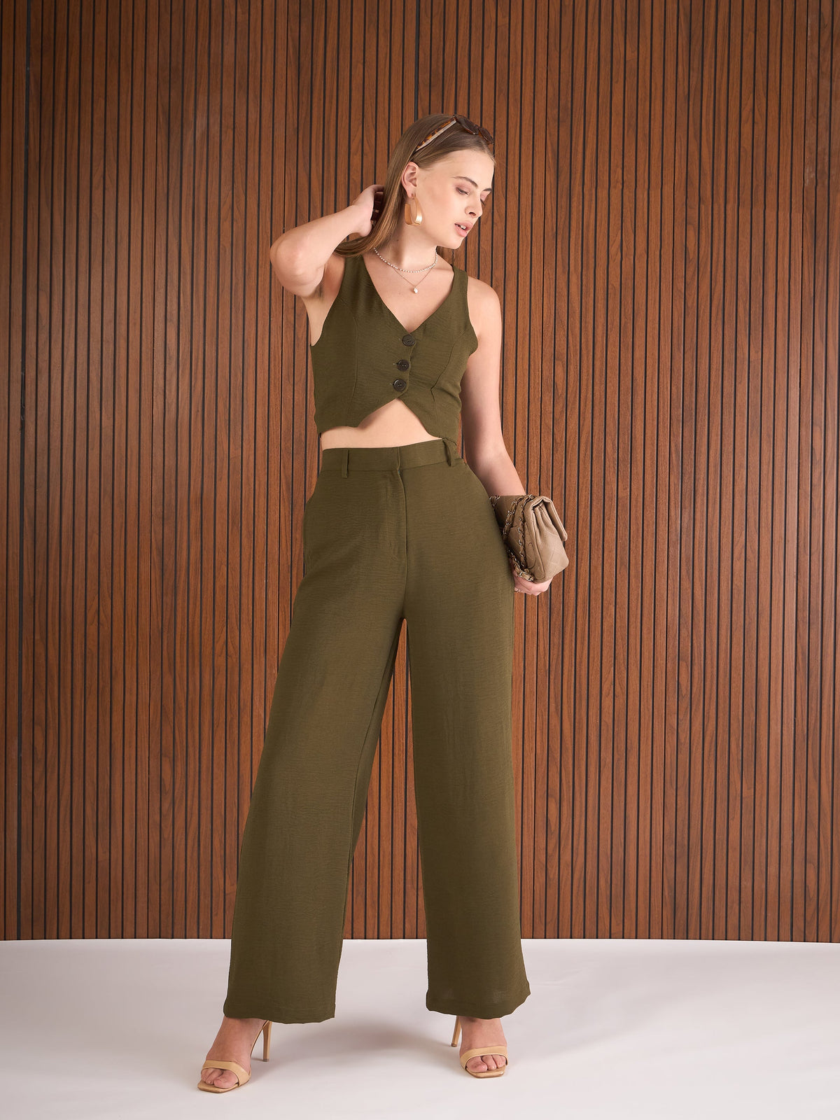 Women Olive Waistcoat Top With Straight Pants-SFSETS96386