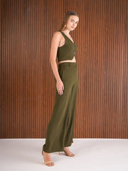 Women Olive Waistcoat Top With Straight Pants-SFSETS96386