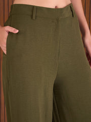 Women Olive Waistcoat Top With Straight Pants-SFSETS96386