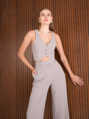Women Grey Waistcoat Top With Straight Pants-SFSETS96387