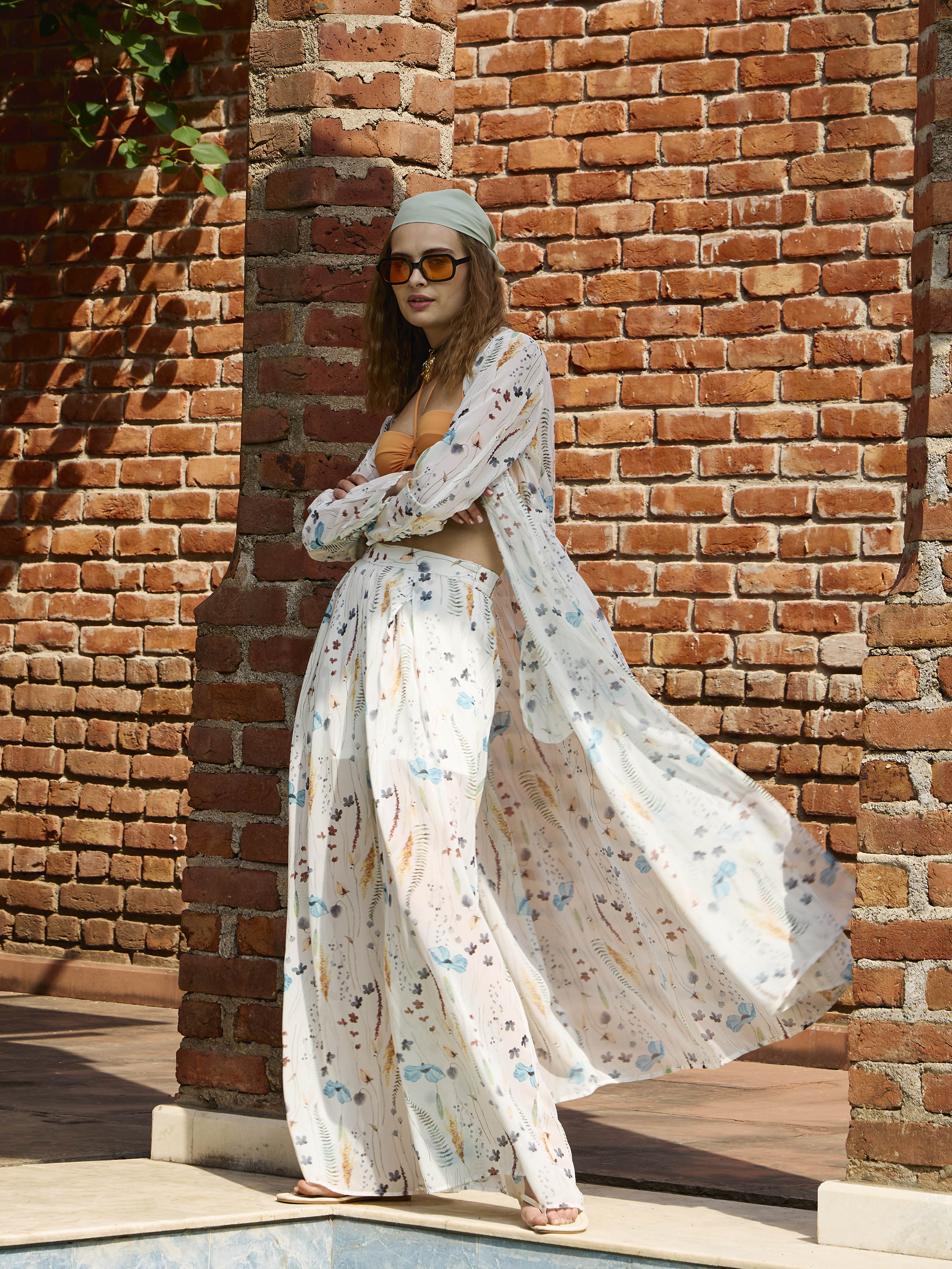 Women White Ditsy Floral Long Top With Flared Pants-SFSETS96391