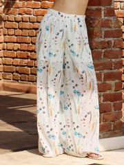 Women White Ditsy Floral Long Top With Flared Pants-SFSETS96391