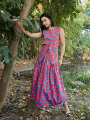 Women Red & Blue Floral Vest Top With Gathered Skirt-SFSETS96393