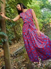 Women Red & Blue Floral Vest Top With Gathered Skirt-SFSETS96393