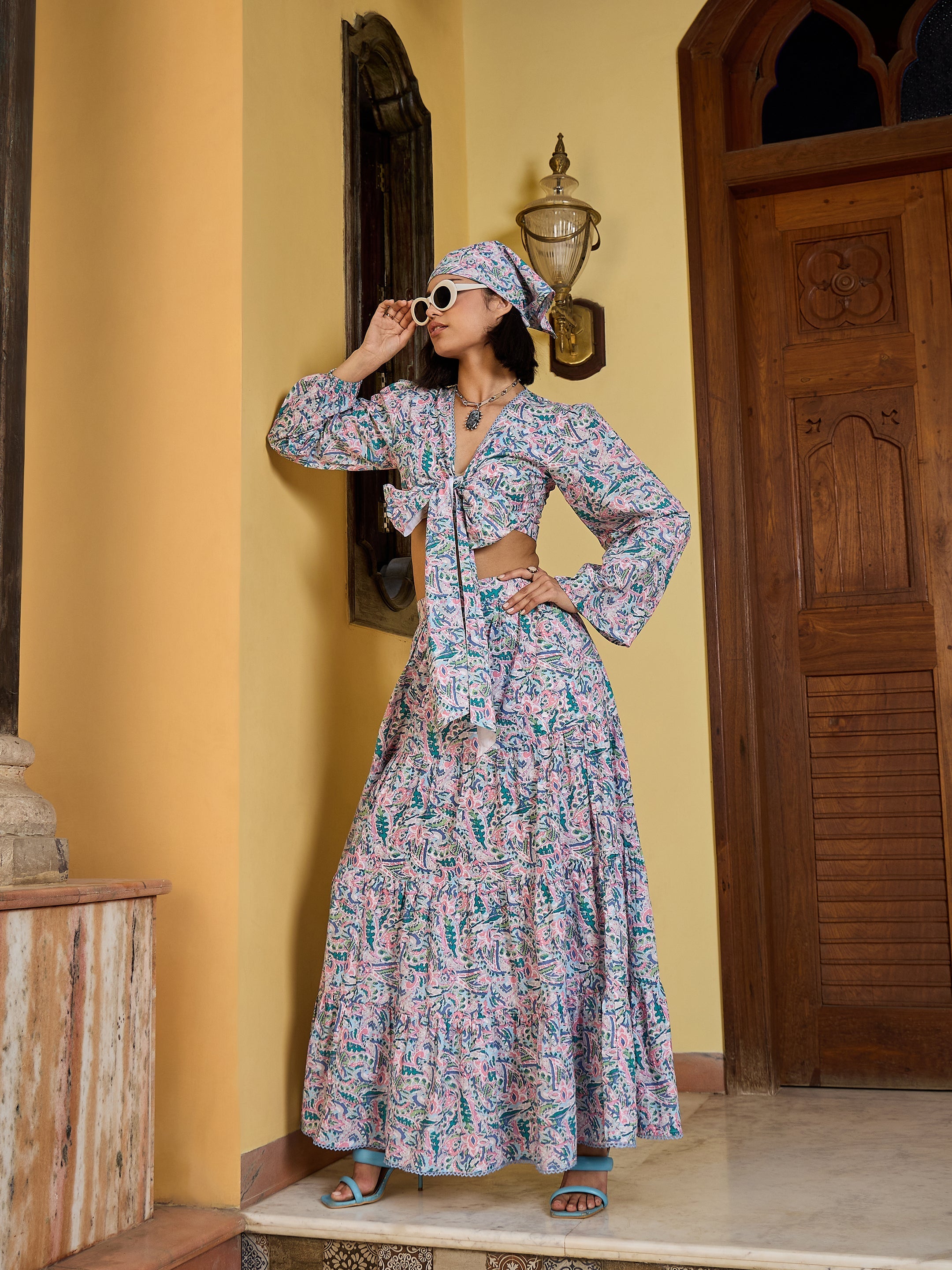 Women Blue Paisley Wrap Top With Tiered Skirt-SFSETS96395