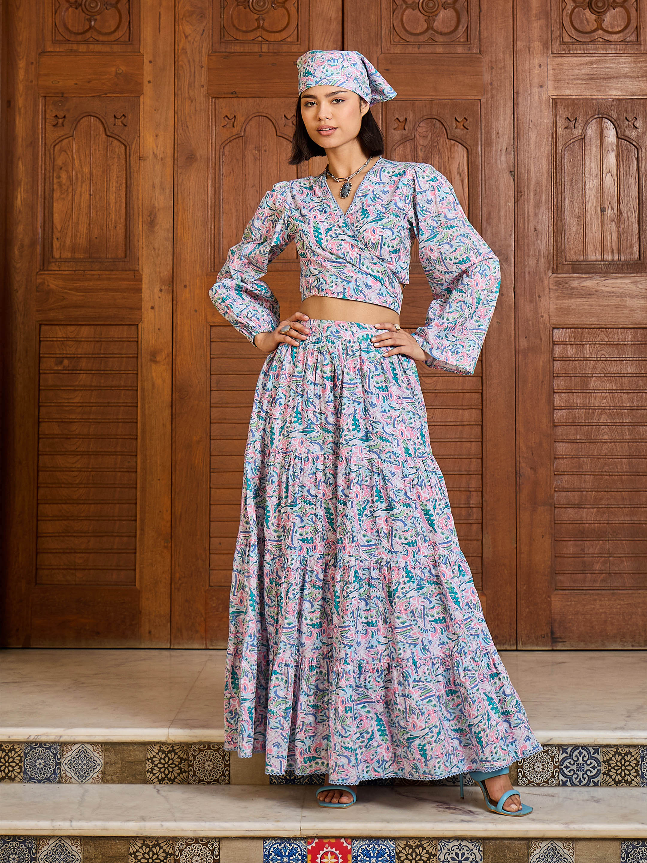 Women Blue Paisley Wrap Top With Tiered Skirt-SFSETS96395