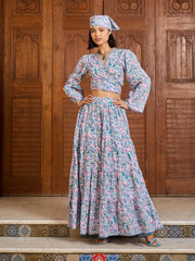 Women Blue Paisley Wrap Top With Tiered Skirt-SFSETS96395
