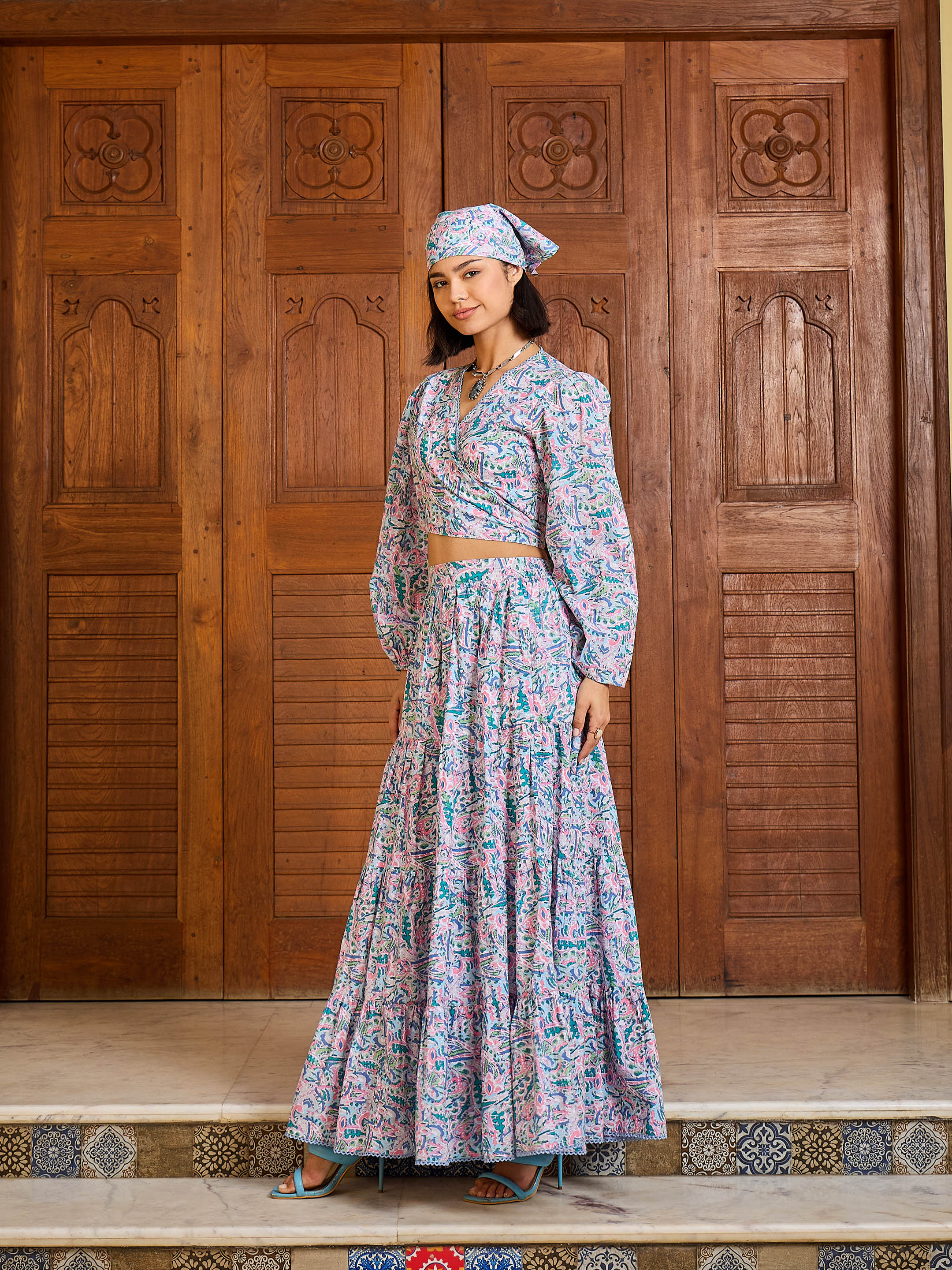 Women Blue Paisley Wrap Top With Tiered Skirt-SFSETS96395