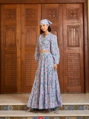 Women Blue Paisley Wrap Top With Tiered Skirt-SFSETS96395