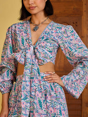 Women Blue Paisley Wrap Top With Tiered Skirt-SFSETS96395