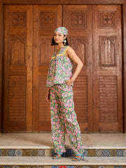 Women Green Floral V Neck Peplum Top With Pants-SFSETS96398