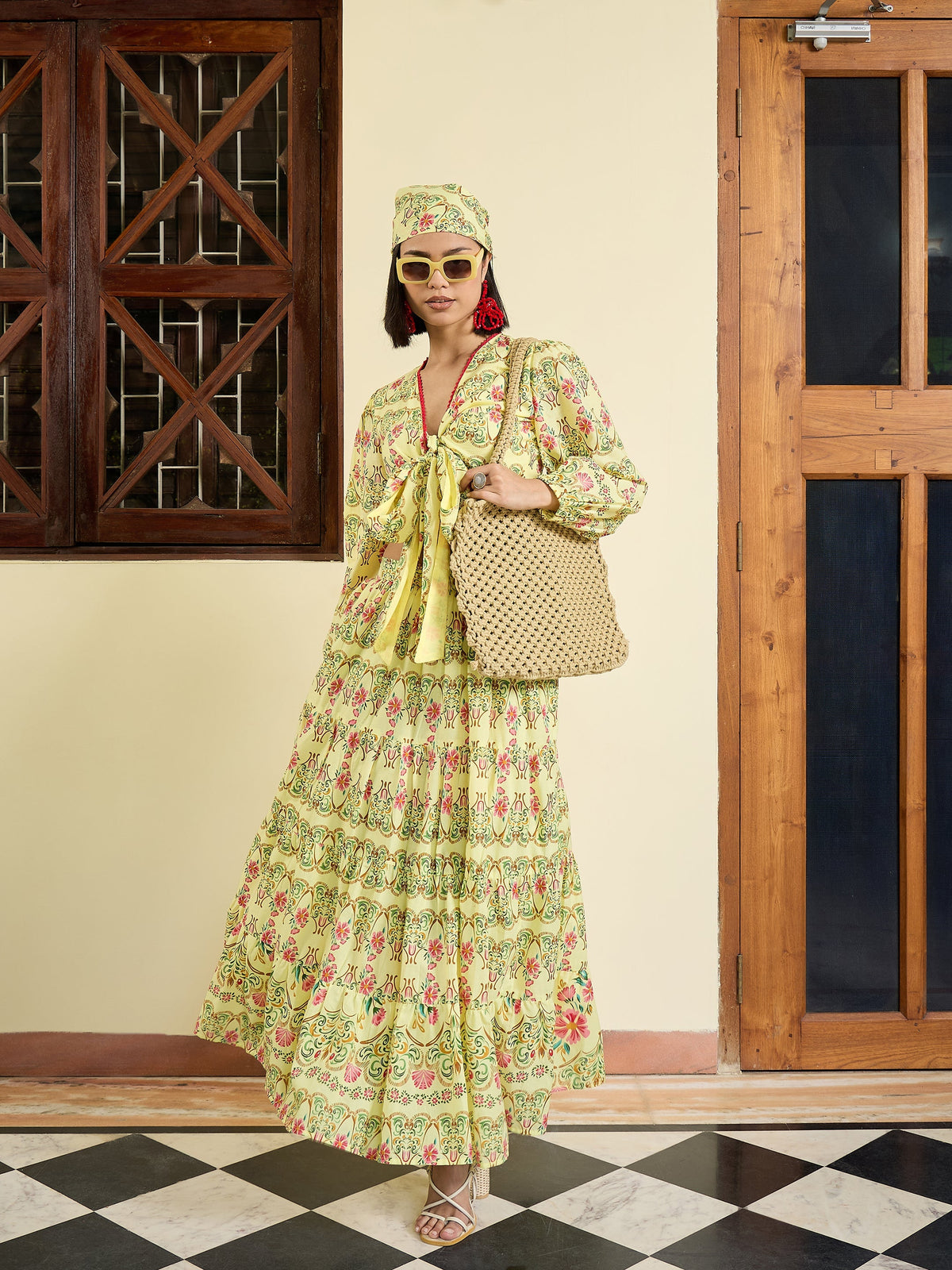 Women Yellow Floral Wrap Top With Tiered Skirt-SFSETS96400