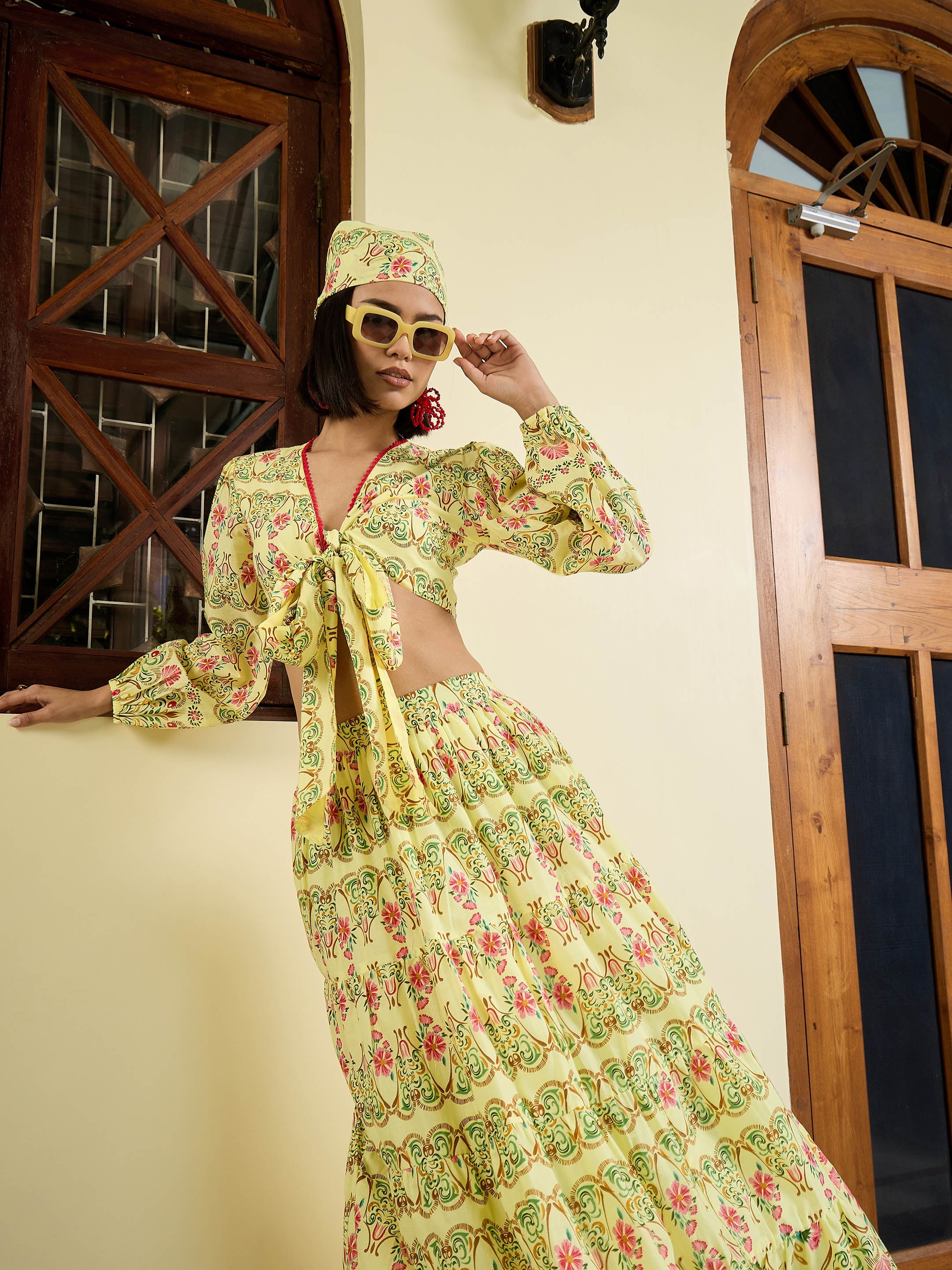 Women Yellow Floral Wrap Top With Tiered Skirt-SFSETS96400