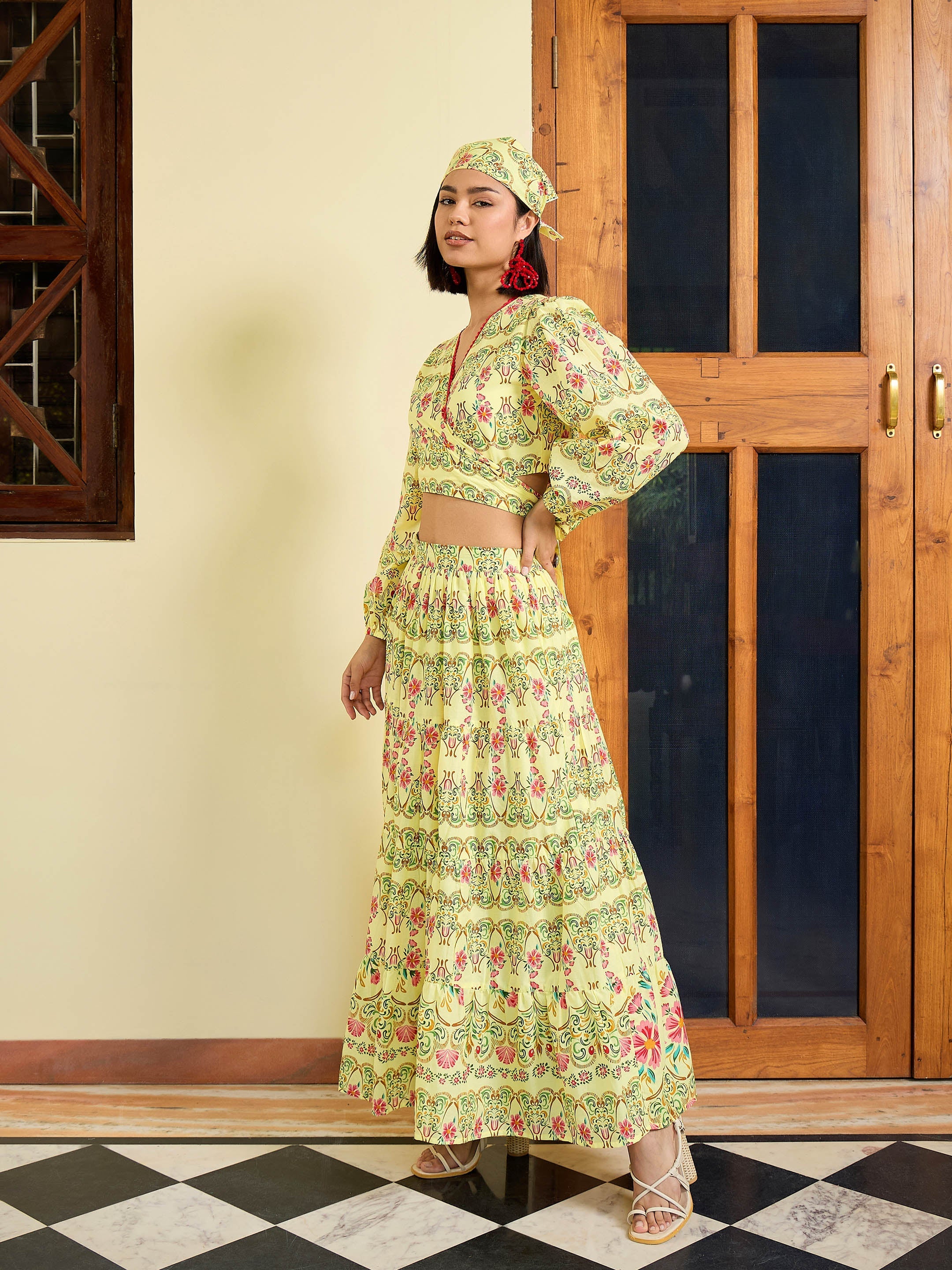 Women Yellow Floral Wrap Top With Tiered Skirt-SFSETS96400