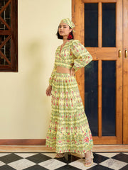 Women Yellow Floral Wrap Top With Tiered Skirt-SFSETS96400
