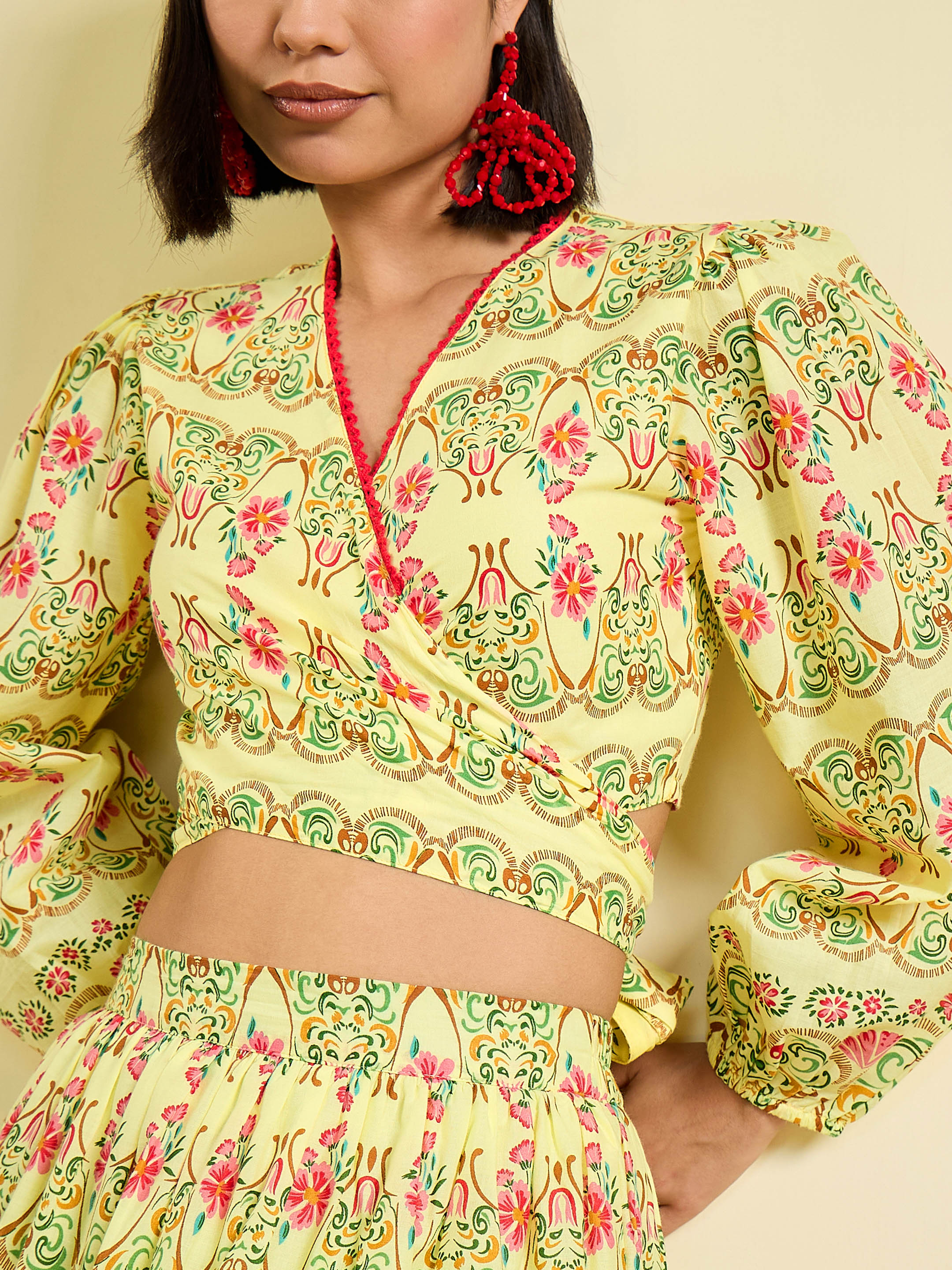 Women Yellow Floral Wrap Top With Tiered Skirt-SFSETS96400