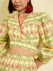 Women Yellow Floral Wrap Top With Tiered Skirt-SFSETS96400