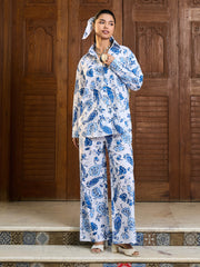 Women White & Blue Floral Shirt With Pants-SFSETS96402