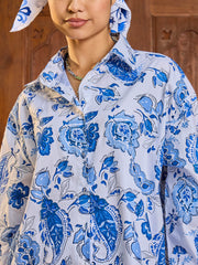 Women White & Blue Floral Shirt With Pants-SFSETS96402