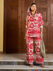 Women Beige & Red Floral Shirt With Pants-SFSETS96405