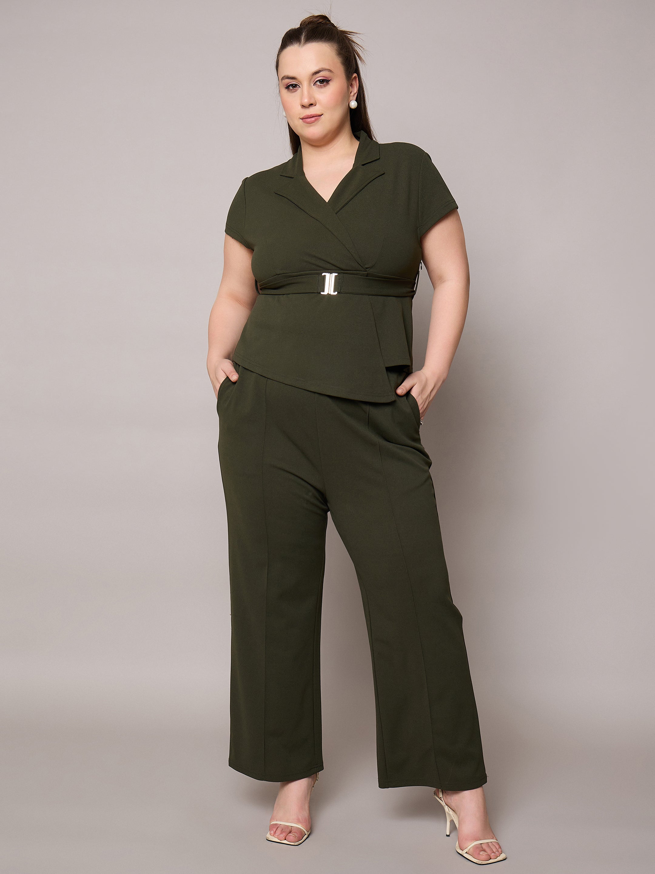 Women Olive Front Buckle Top With Straight Pants-SFSETS96406
