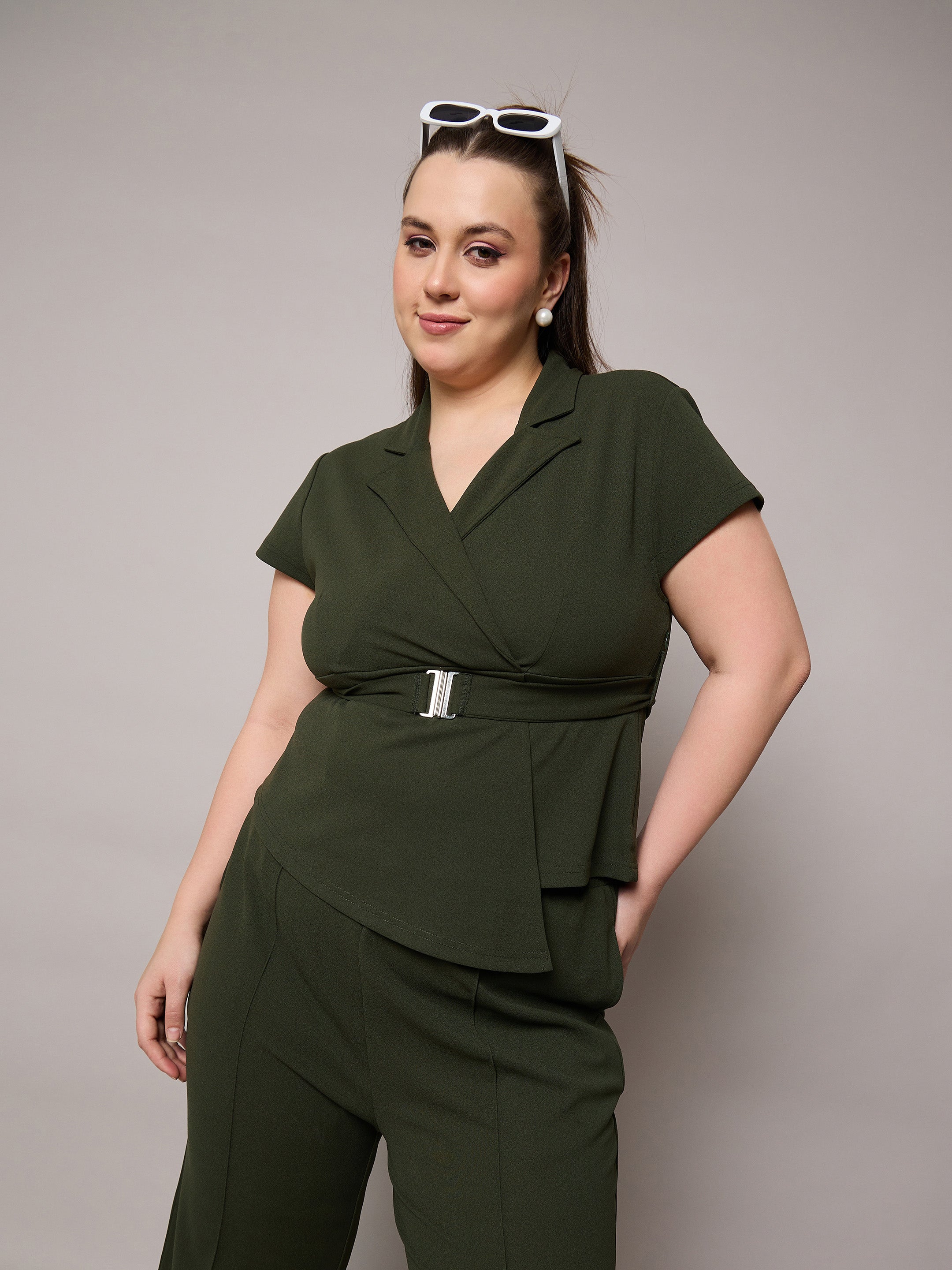 Women Olive Front Buckle Top With Straight Pants-SFSETS96406