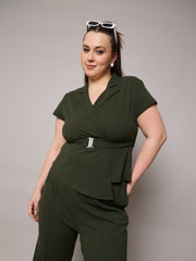Women Olive Front Buckle Top With Straight Pants-SFSETS96406