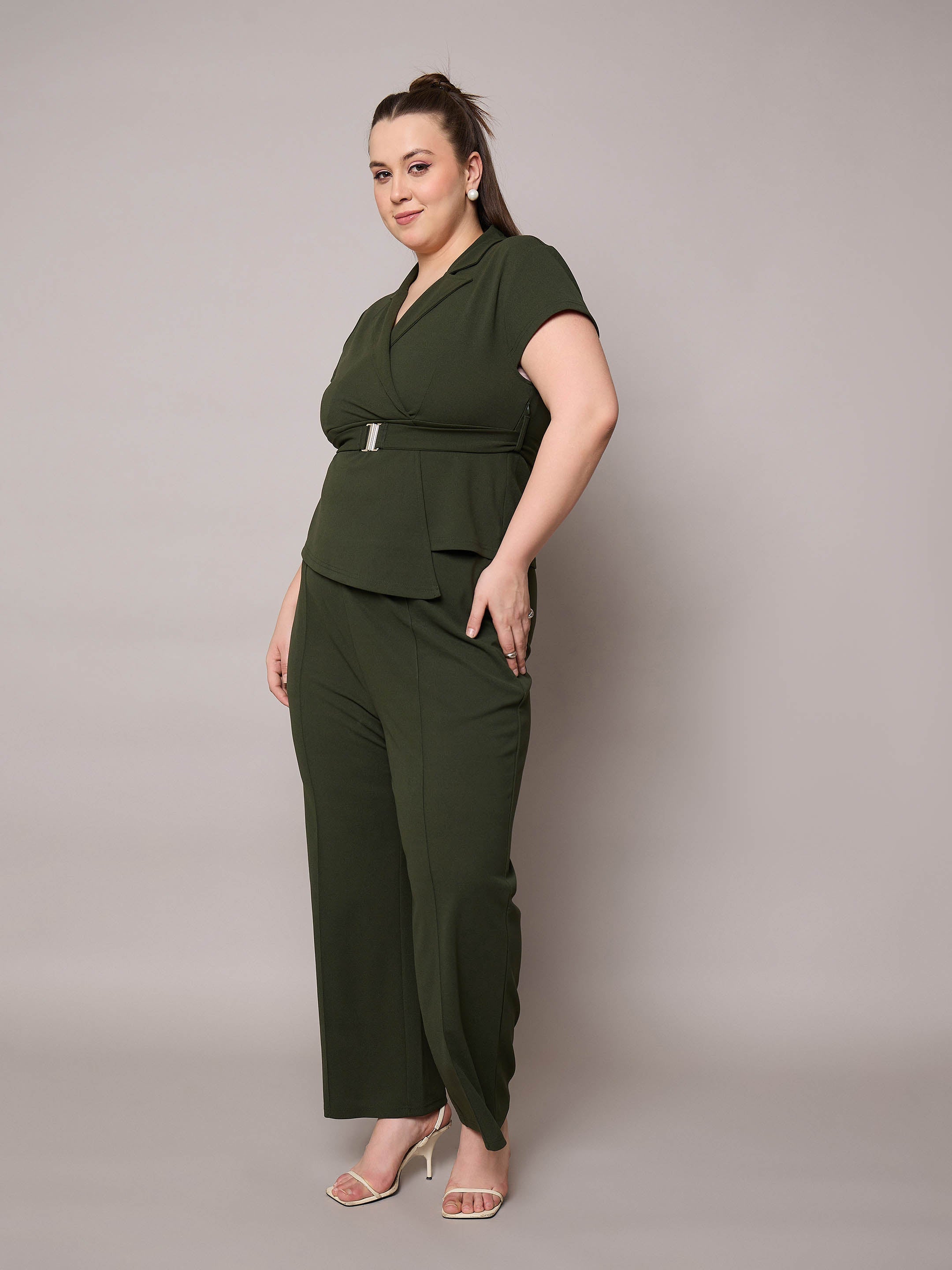 Women Olive Front Buckle Top With Straight Pants-SFSETS96406