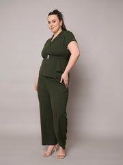 Women Olive Front Buckle Top With Straight Pants-SFSETS96406
