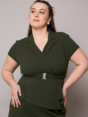 Women Olive Front Buckle Top With Straight Pants-SFSETS96406
