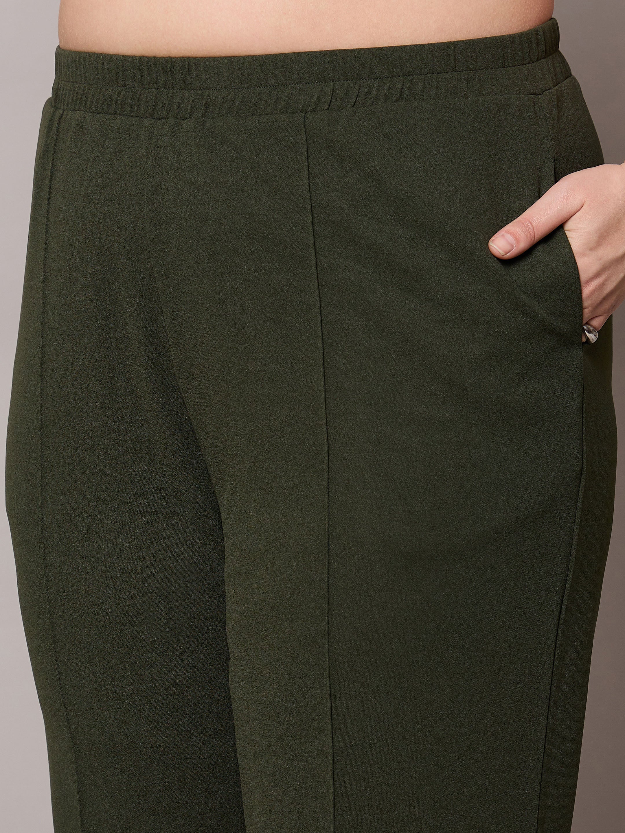 Women Olive Front Buckle Top With Straight Pants-SFSETS96406