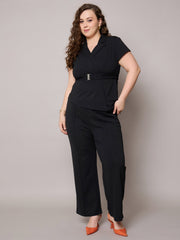 Women Black Front Buckle Top With Straight Pants-SFSETS96407