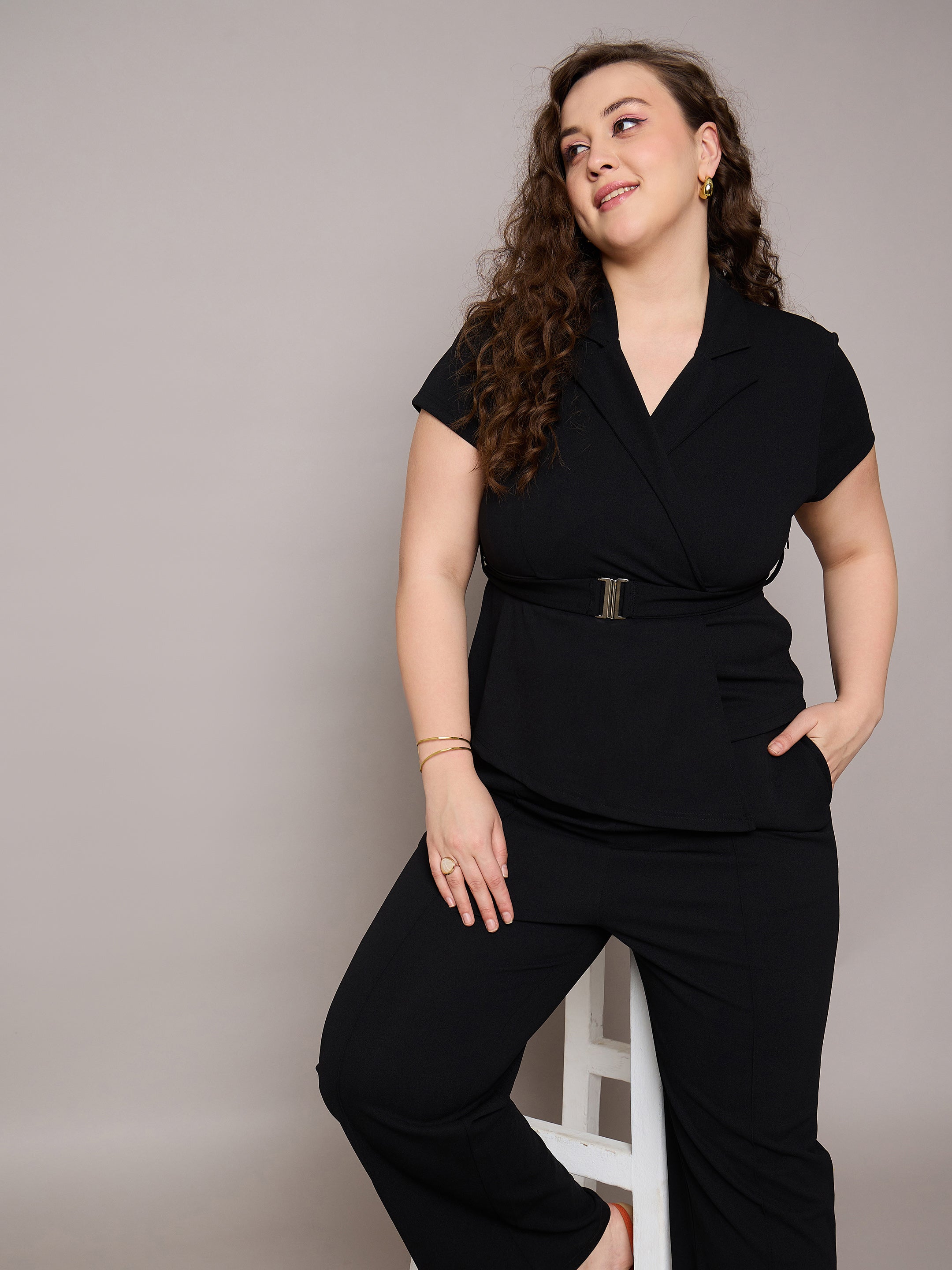Women Black Front Buckle Top With Straight Pants-SFSETS96407