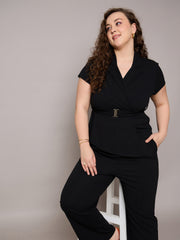 Women Black Front Buckle Top With Straight Pants-SFSETS96407