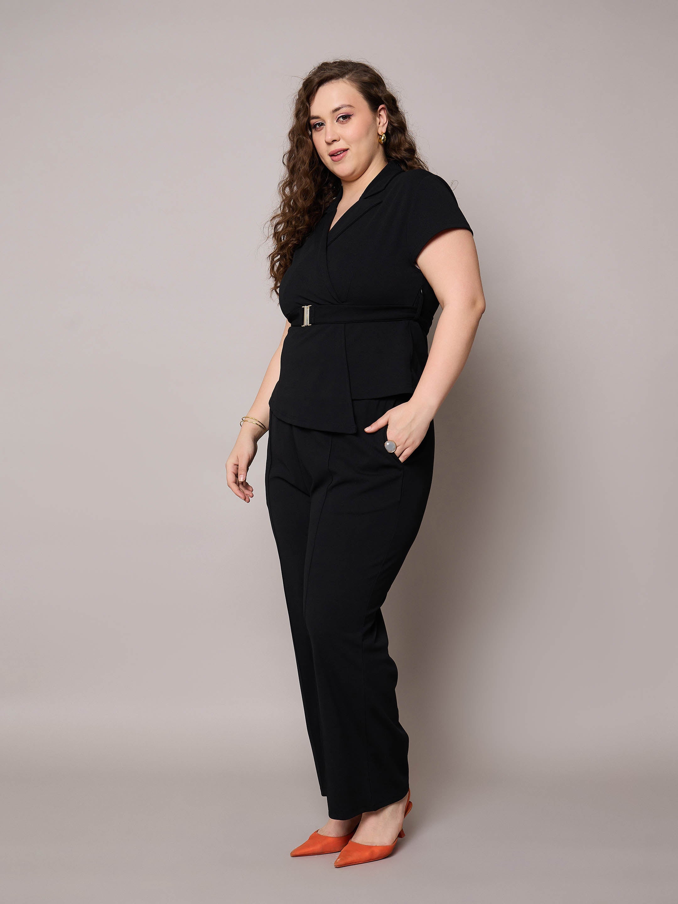 Women Black Front Buckle Top With Straight Pants-SFSETS96407