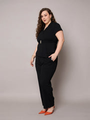 Women Black Front Buckle Top With Straight Pants-SFSETS96407