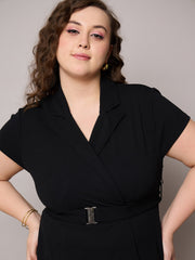 Women Black Front Buckle Top With Straight Pants-SFSETS96407