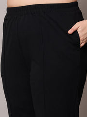 Women Black Front Buckle Top With Straight Pants-SFSETS96407